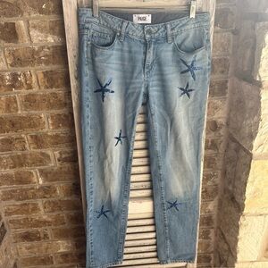 PAIGE Women's Skinny Blue Sequin STARS JEANS Sz 28. Inseam is 28”
